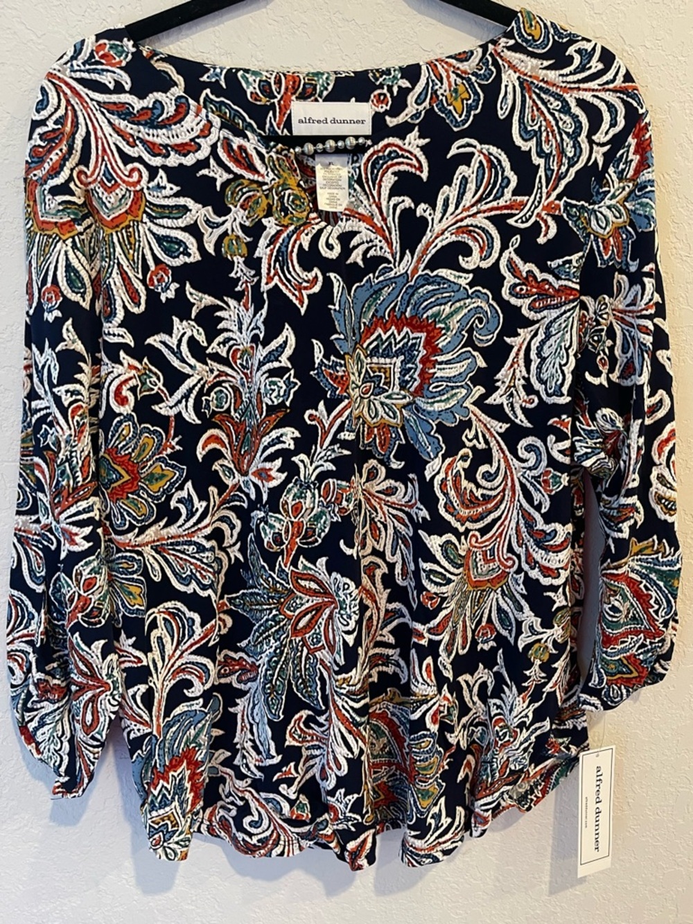 Alfred Dunner Navy Paisley Floral Blouse with Red, Blue, Green and Cream Accents